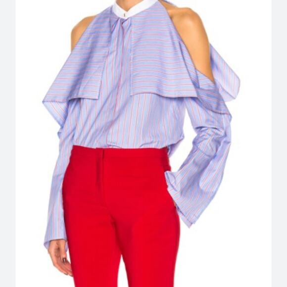 Rosetta Getty Striped Poplin Fold-Over Blouse Blue Red White stripe size 0 - Picture 2 of 9